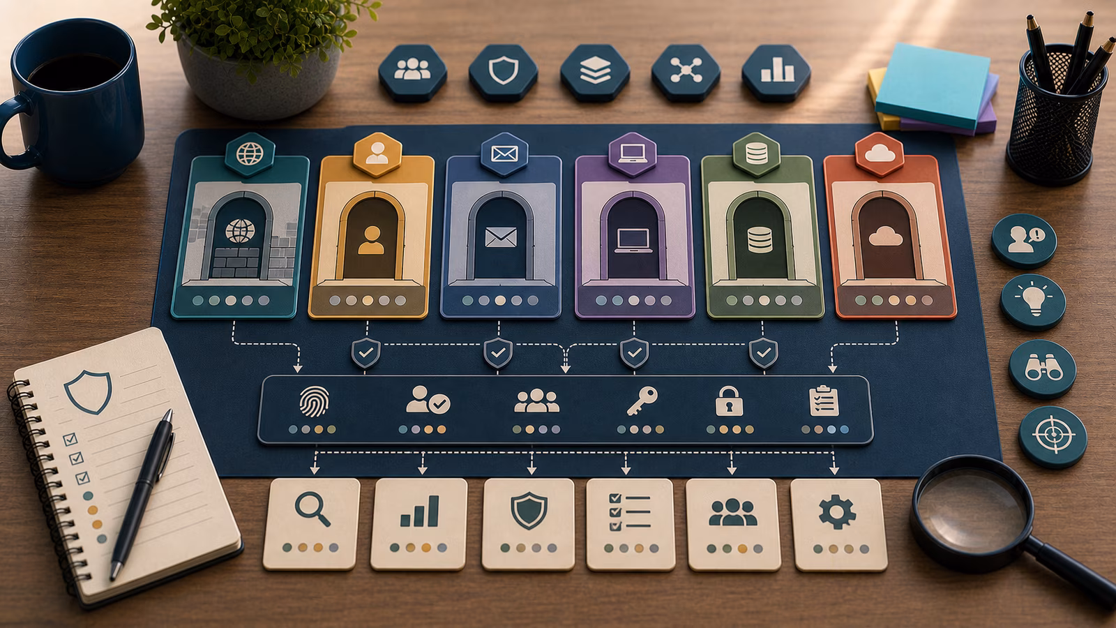 Calm cybersecurity illustration for Initial Access Without Drama, showing abstract attack paths and breach stories evidence cards, connected systems, and defensive control checkpoints.