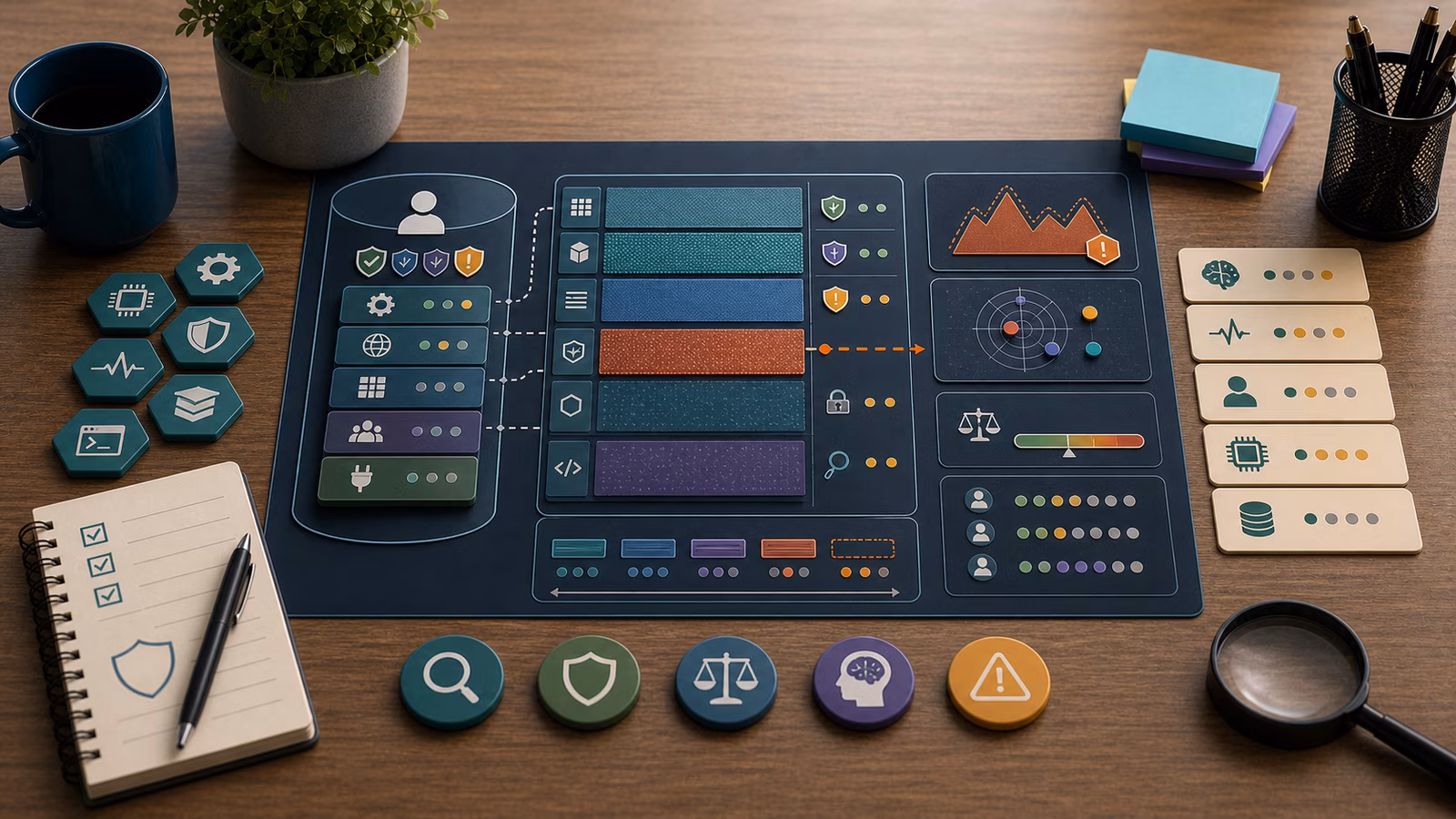 Calm cybersecurity illustration for Memory Injection Concepts for Defenders, showing abstract endpoint telemetry evidence cards, connected systems, and defensive control checkpoints.