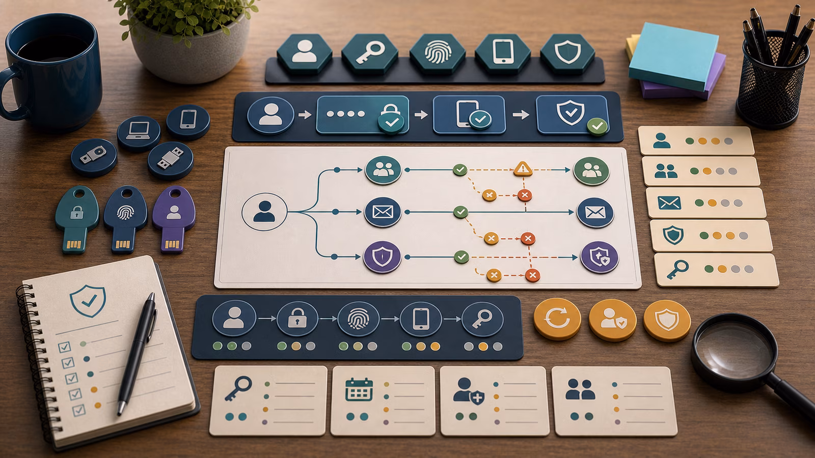 Calm cybersecurity illustration for MFA, Passkeys, and Recovery Paths, showing abstract cloud, identity, and exposure evidence cards, connected systems, and defensive control checkpoints.