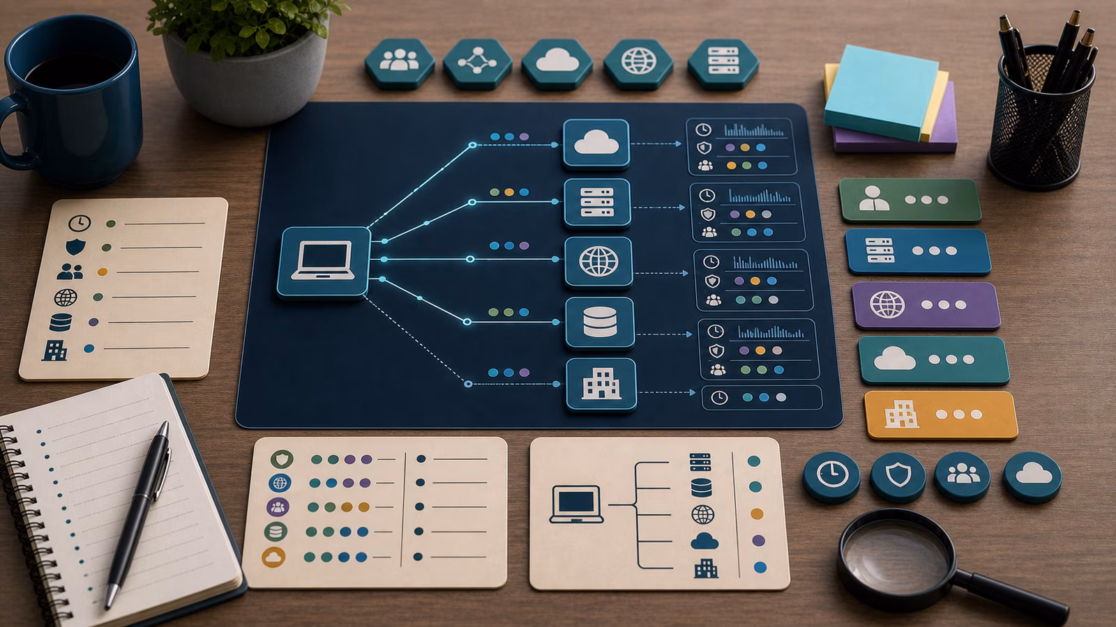 Calm cybersecurity illustration for Network Connections: Ports, Protocols, and Remote Hosts, showing abstract endpoint telemetry evidence cards, connected systems, and defensive control checkpoints.