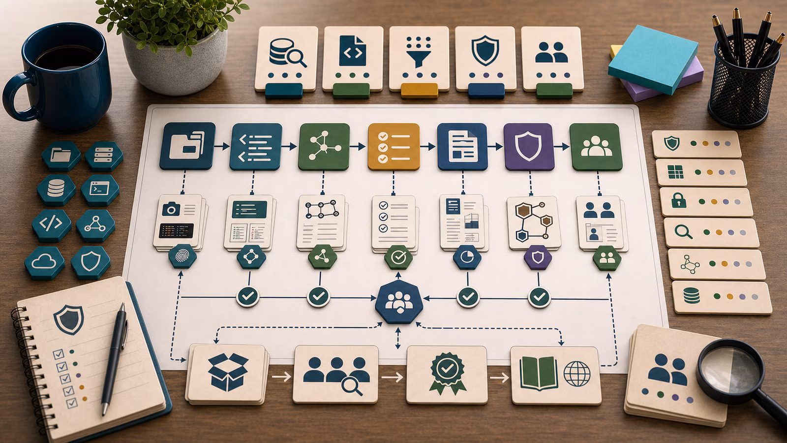 Calm cybersecurity illustration for Open Security Engineering, showing abstract open security engineering evidence cards, connected systems, and defensive control checkpoints.