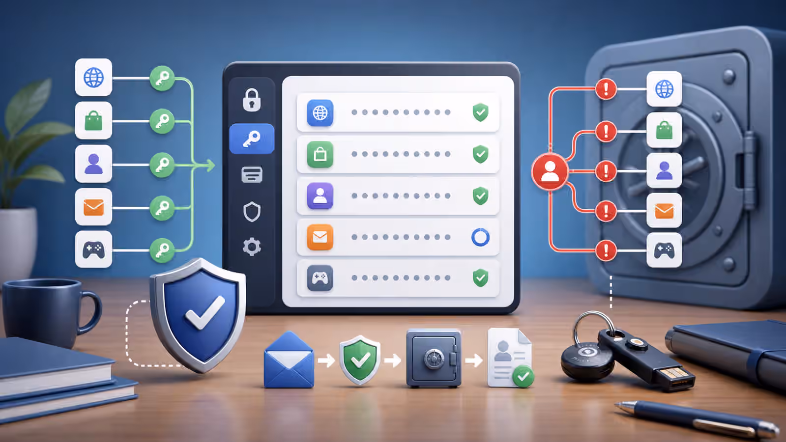 Calm cybersecurity illustration with a password vault, unique key tokens, account tiles, and recovery symbols on a review desk.