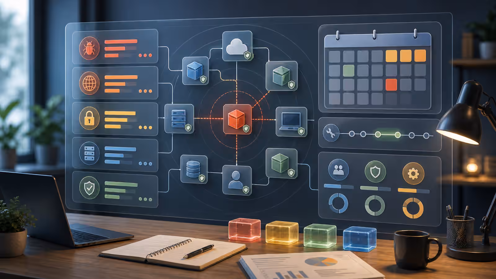 Calm cybersecurity illustration of software components, exposure windows, maintenance timing, and defensive risk evidence.
