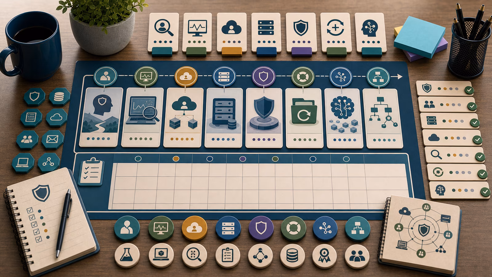 Calm cybersecurity illustration for Building a Personal Cyber Defense Learning Plan, showing abstract open security engineering evidence cards, connected systems, and defensive control checkpoints.
