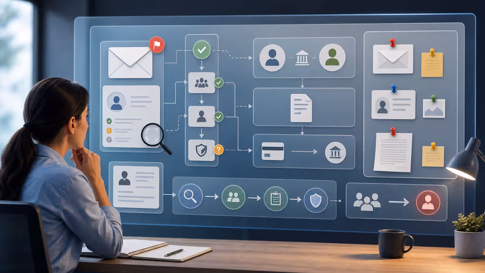 Calm cybersecurity illustration of email triage evidence, identity checks, approvals, and escalation paths.