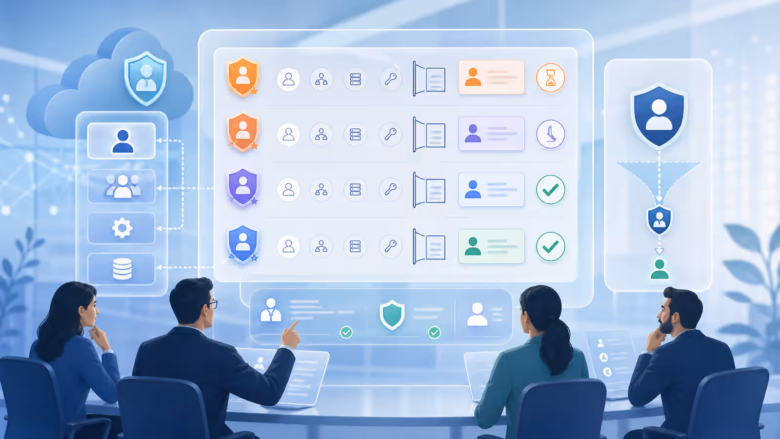 Calm cybersecurity illustration with admin badges, permission gates, owner cards, and approval symbols on a cloud identity review board.