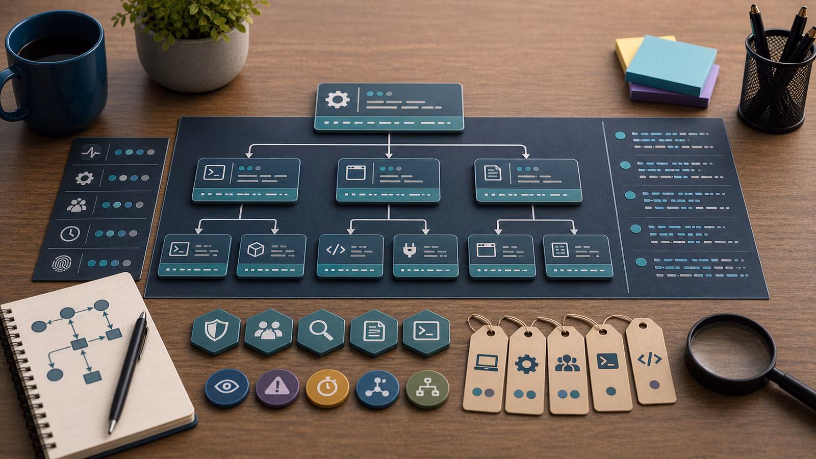 Calm cybersecurity illustration for Processes, Parents, and Command Lines, showing abstract endpoint telemetry evidence cards, connected systems, and defensive control checkpoints.