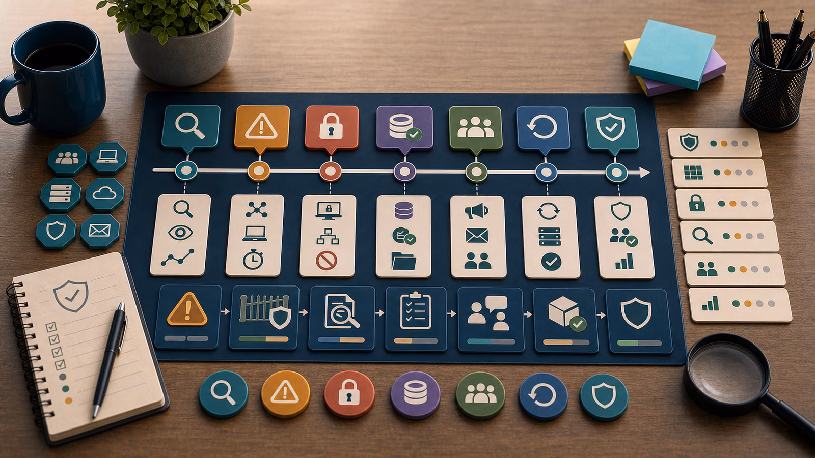 Calm cybersecurity illustration for Ransomware Timeline, showing abstract ransomware and recovery evidence cards, connected systems, and defensive control checkpoints.