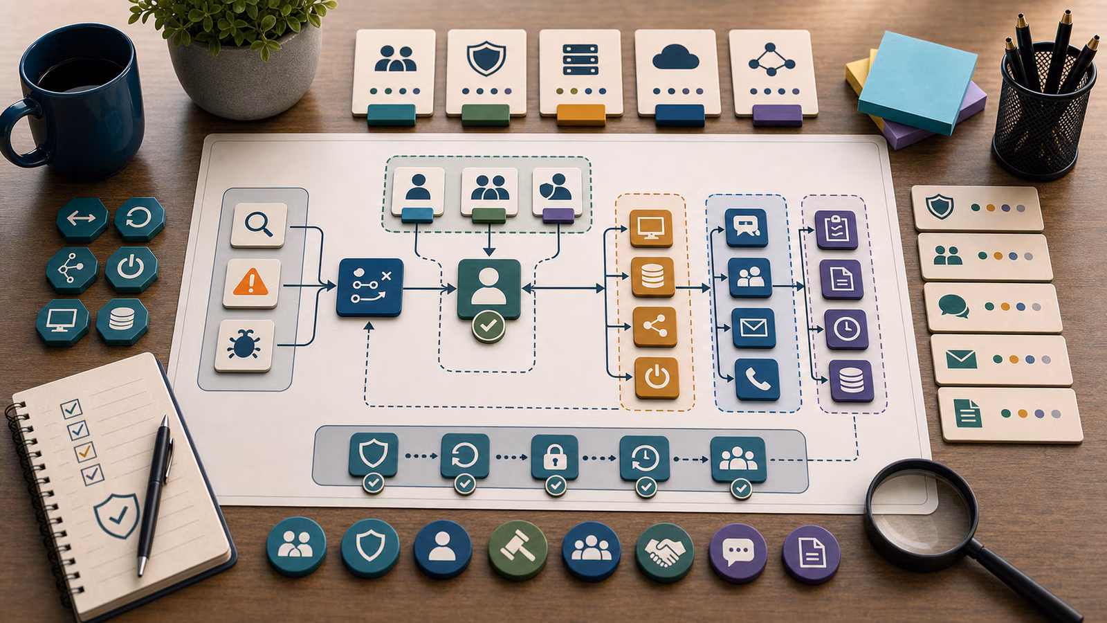 Calm cybersecurity illustration for Response Actions and Approvals, showing abstract triage and incident response evidence cards, connected systems, and defensive control checkpoints.