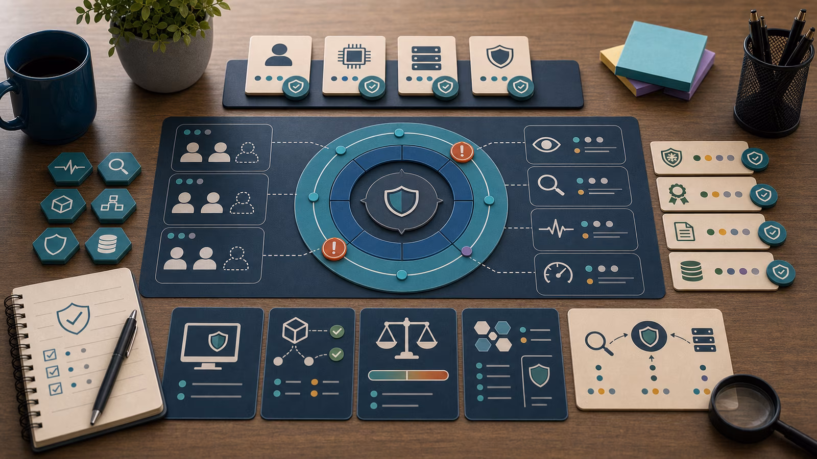 Calm cybersecurity illustration for Rootkits and Kernel-Level Signals, showing abstract endpoint telemetry evidence cards, connected systems, and defensive control checkpoints.
