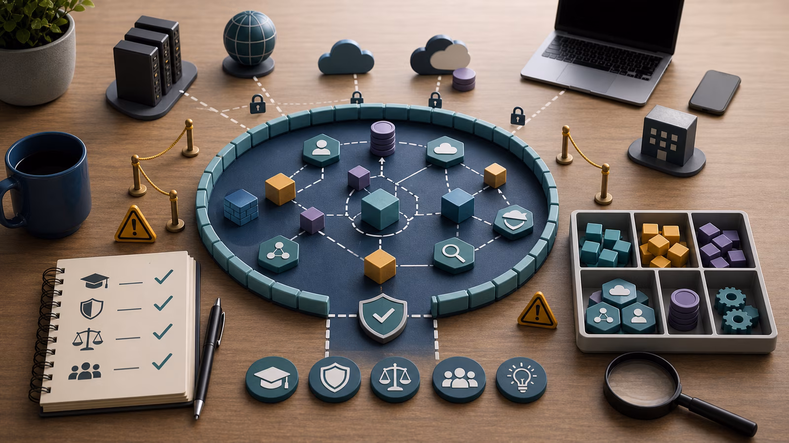 Calm cybersecurity illustration for Safe Cyber Learning Boundaries, showing abstract start here: defender thinking evidence cards, connected systems, and defensive control checkpoints.