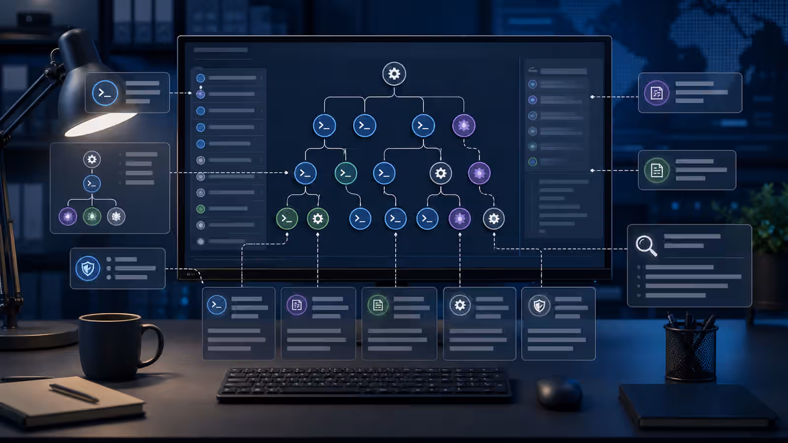 Calm cybersecurity illustration for script interpreter telemetry with process trees, command evidence cards, and defender annotations.
