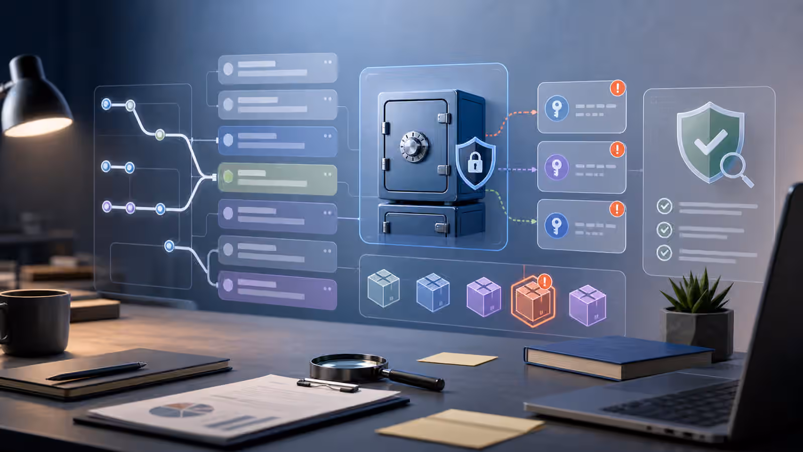 Calm cybersecurity illustration for repository secret review with branch diagrams, sealed key vaults, commit cards, and evidence markers.