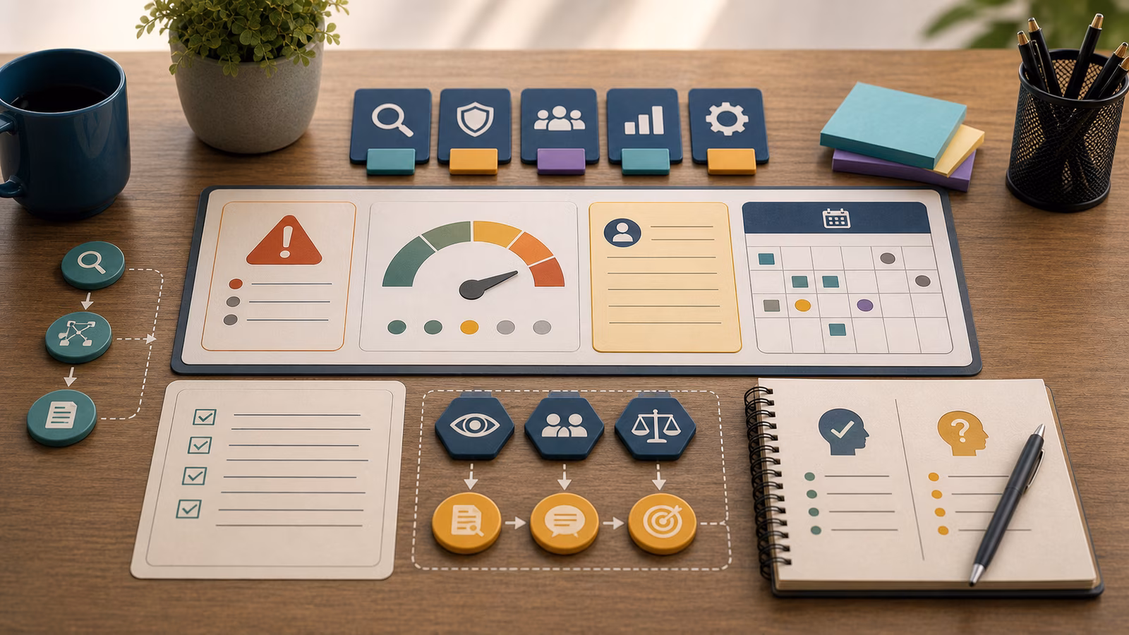 Calm cybersecurity illustration for Security Alerts Without Panic, showing abstract start here: defender thinking evidence cards, connected systems, and defensive control checkpoints.
