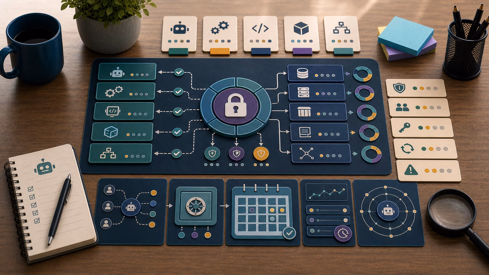 Calm cybersecurity illustration for Service Accounts and Secrets, showing abstract cloud, identity, and exposure evidence cards, connected systems, and defensive control checkpoints.
