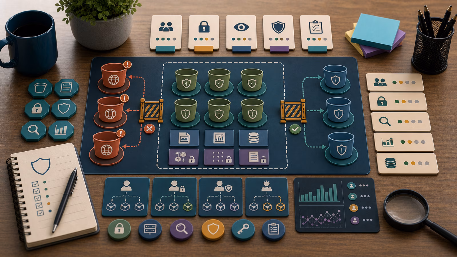Calm cybersecurity illustration for Storage Bucket Mistakes, showing abstract cloud, identity, and exposure evidence cards, connected systems, and defensive control checkpoints.