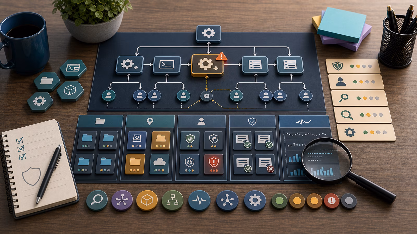 Calm cybersecurity illustration for Suspicious Process Indicators, showing abstract endpoint telemetry evidence cards, connected systems, and defensive control checkpoints.