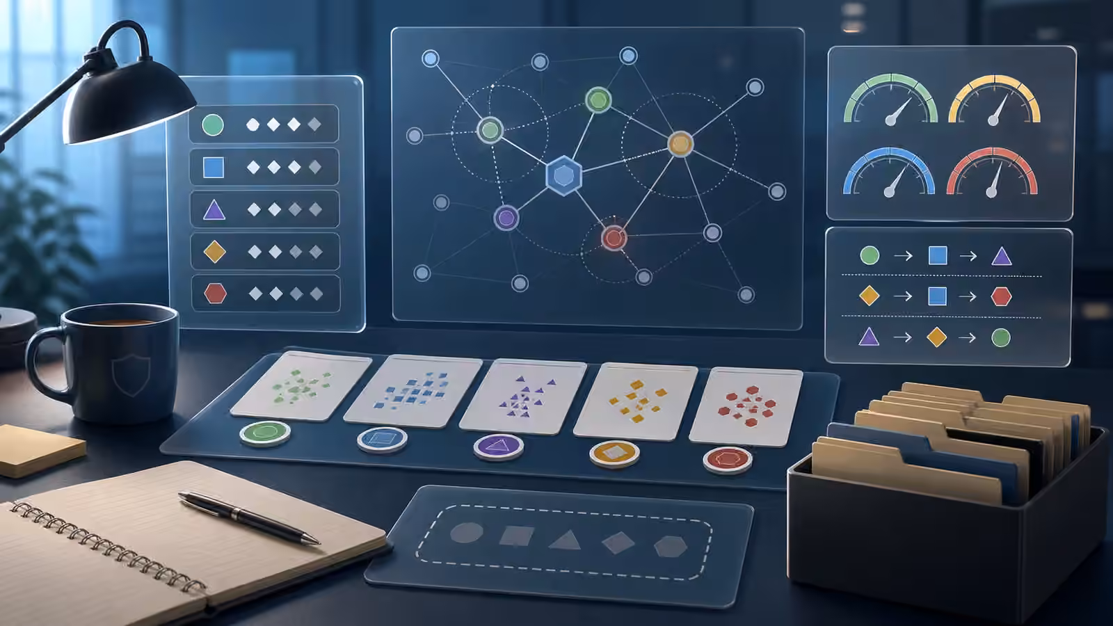 Calm cybersecurity illustration of abstract signal cards, confidence markers, relationship nodes, evidence folders, and uncertainty notes.