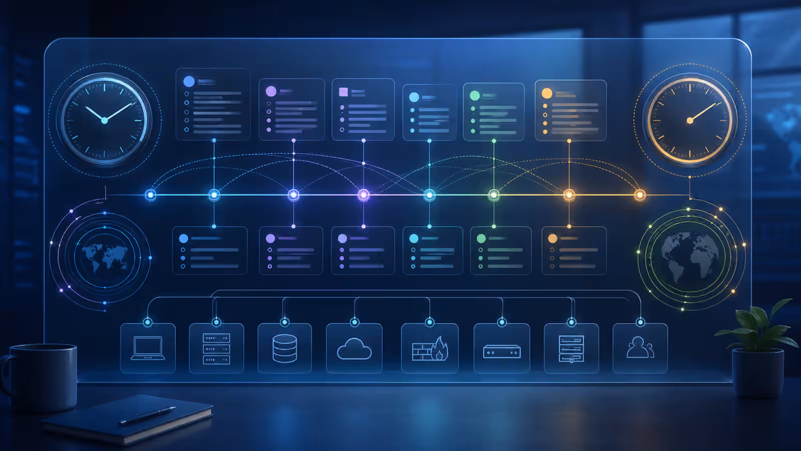 Calm cybersecurity illustration with abstract clocks, timeline bands, log cards, and event correlation markers on an evidence wall.