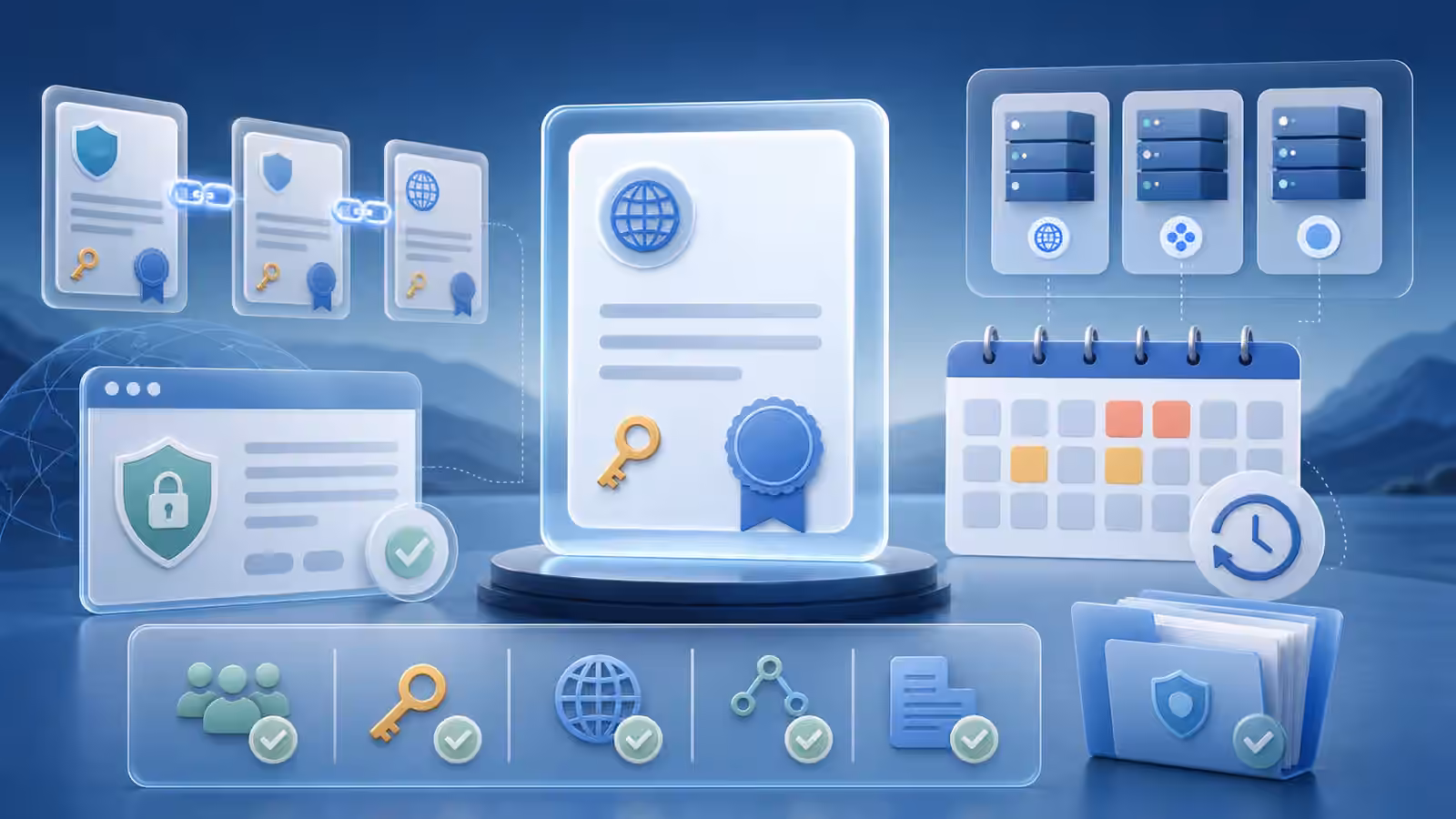 Calm cybersecurity illustration of certificate cards, key symbols, service tiles, renewal markers, and evidence folders.