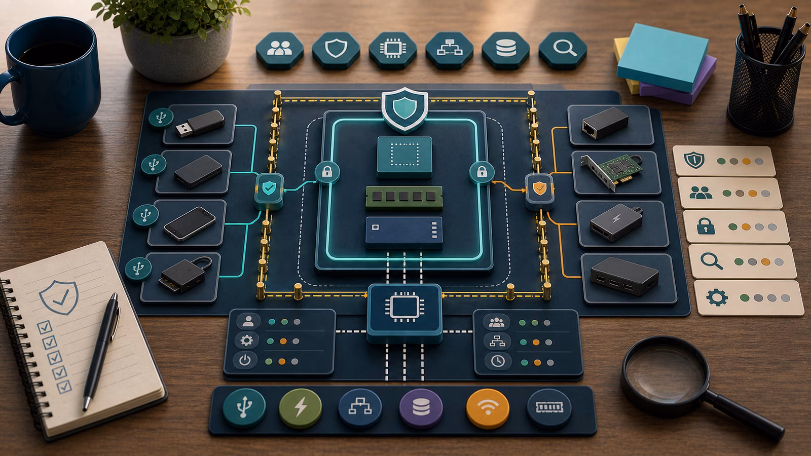 Calm cybersecurity illustration for USB, DMA, and Peripheral Risk, showing abstract endpoint telemetry evidence cards, connected systems, and defensive control checkpoints.