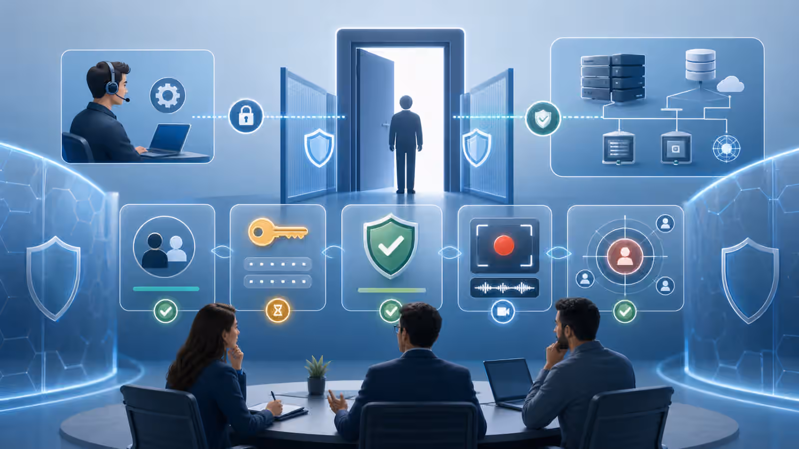 Calm cybersecurity illustration with partner access gates, temporary keys, session visibility icons, and approval tokens.