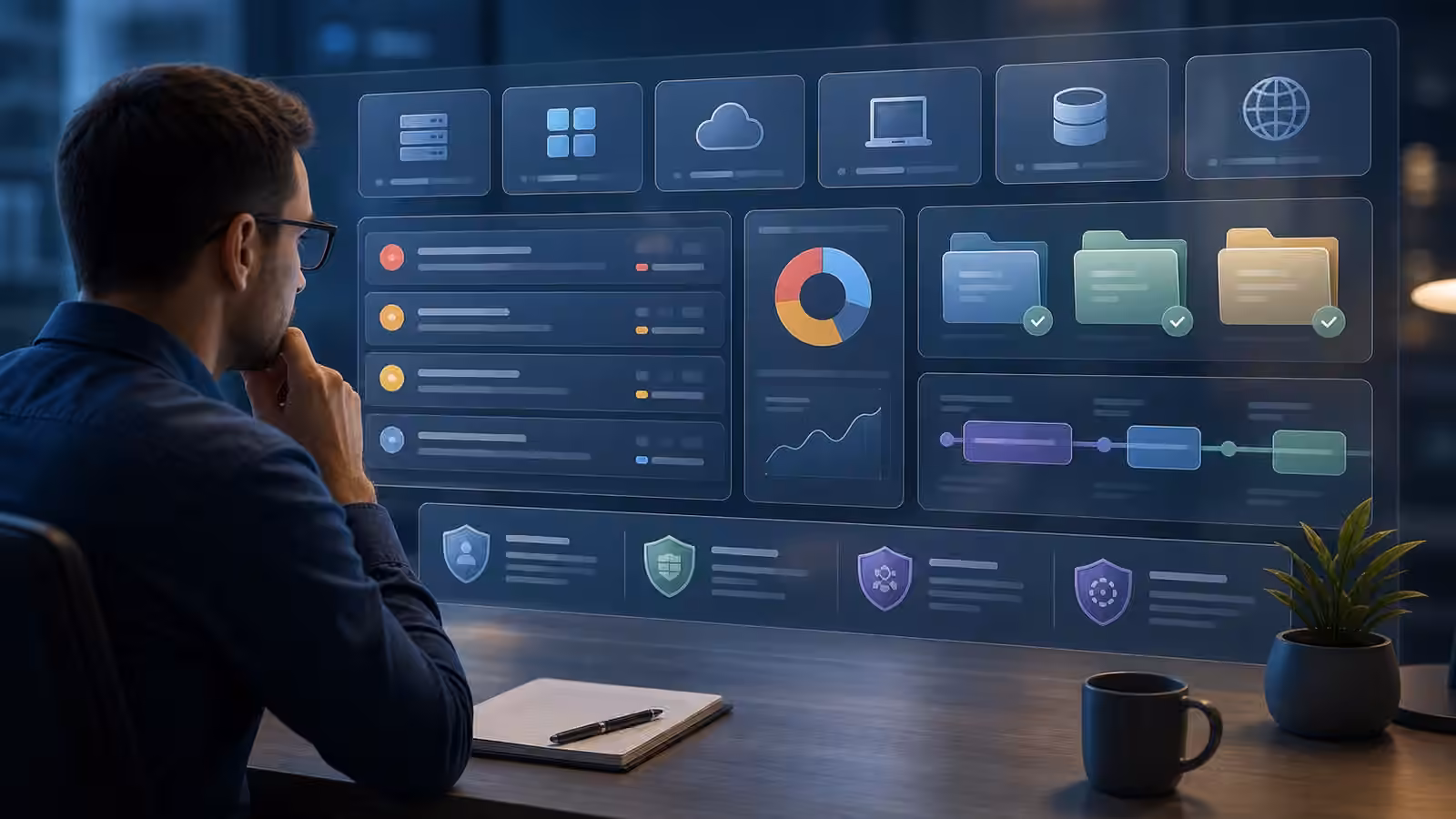 Calm cybersecurity illustration of asset tiles, finding cards, severity markers, control shields, owner folders, and patch window blocks.