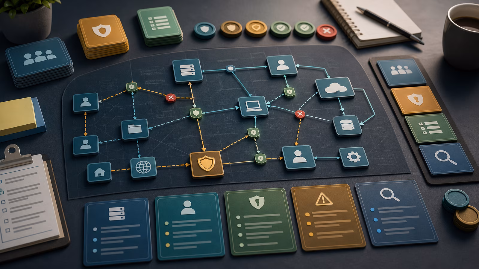 Calm cybersecurity illustration for What an Attack Path Is, showing abstract start here: defender thinking evidence cards, connected systems, and defensive control checkpoints.