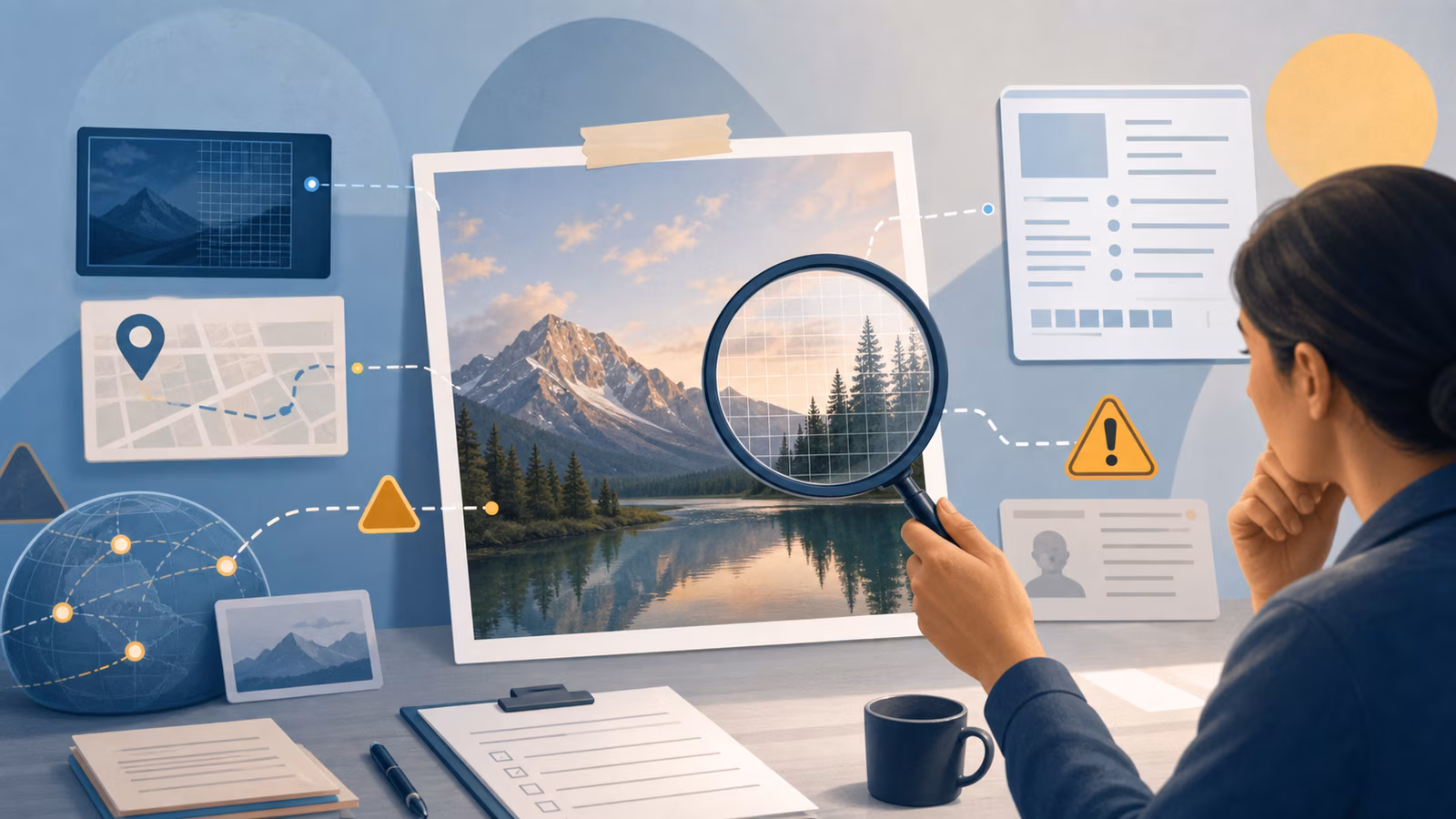 Photo frame, magnifying glass, source trail, metadata card, and caution shapes for image verification.