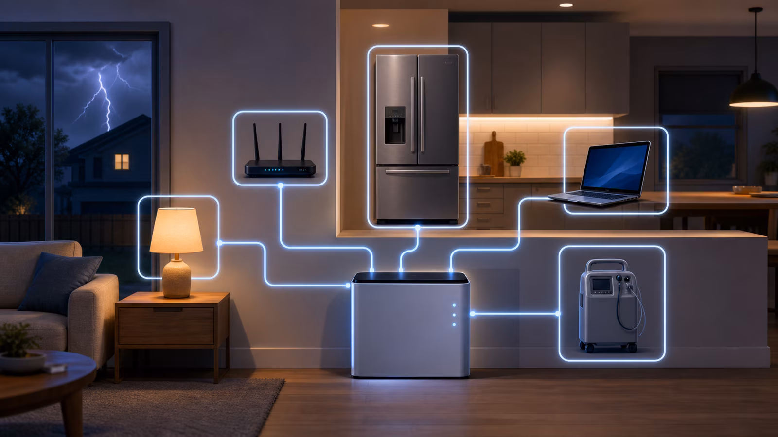 Home battery beside router, lamp, refrigerator, laptop, and medical-device silhouette.