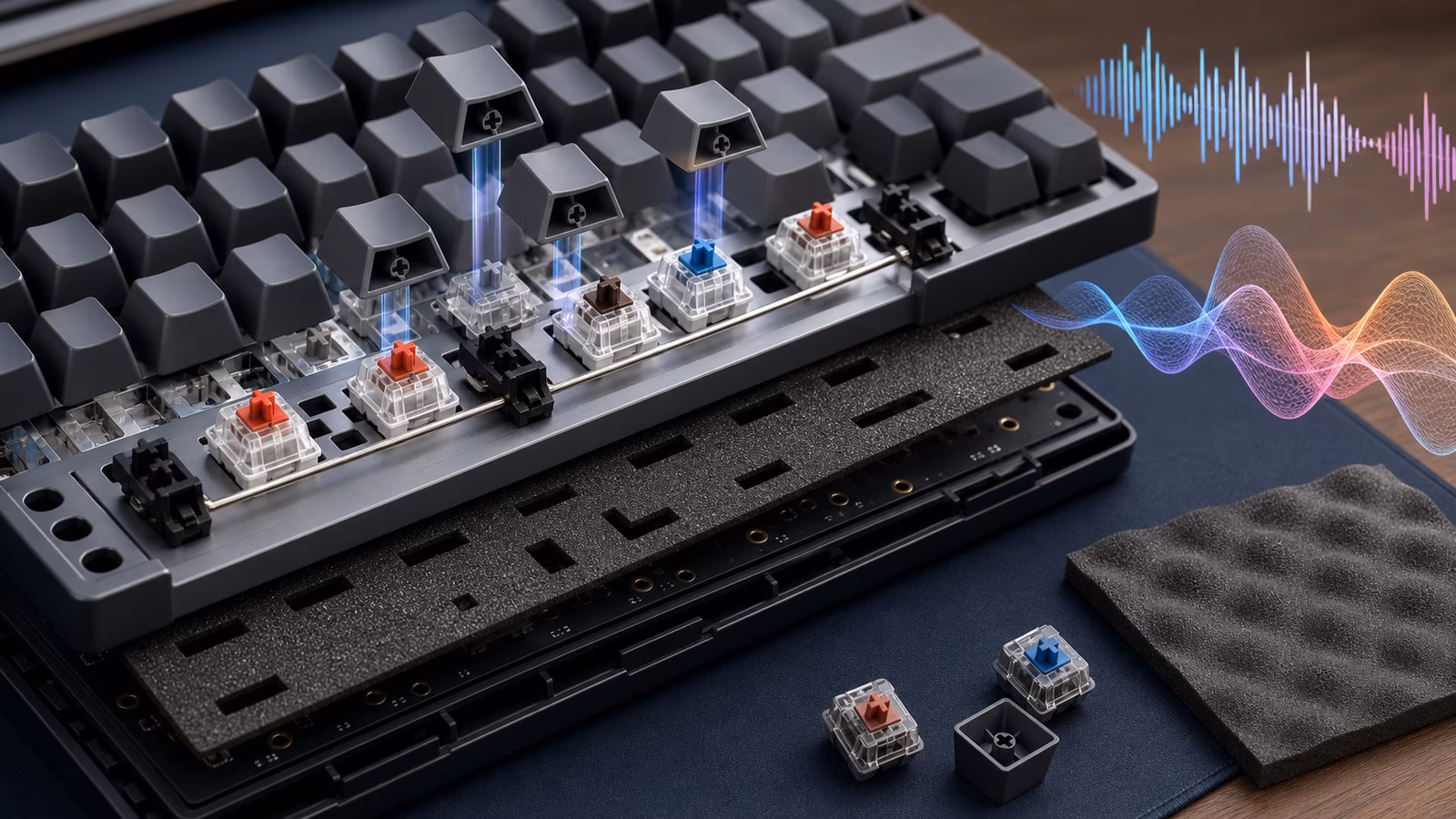 Mechanical keyboard with lifted keycaps, switches, stabilizer wire, foam sheet, and sound wave shapes.