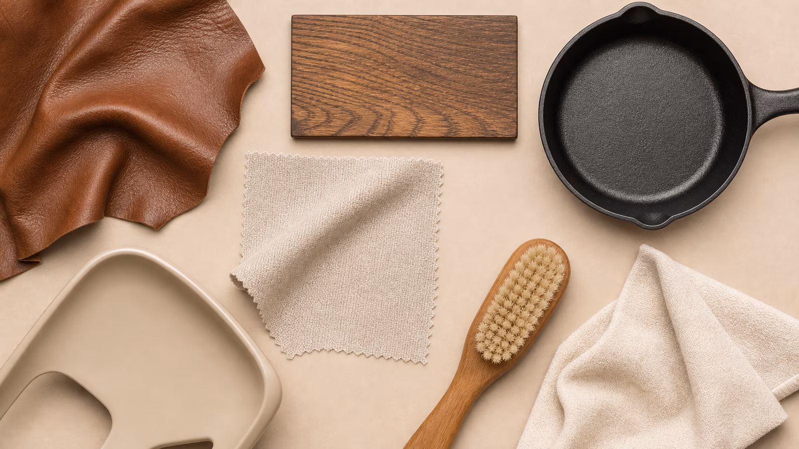 Leather, wood, cast iron, fabric, plastic, brush, and cloth arranged as a care diagnostic flat lay.