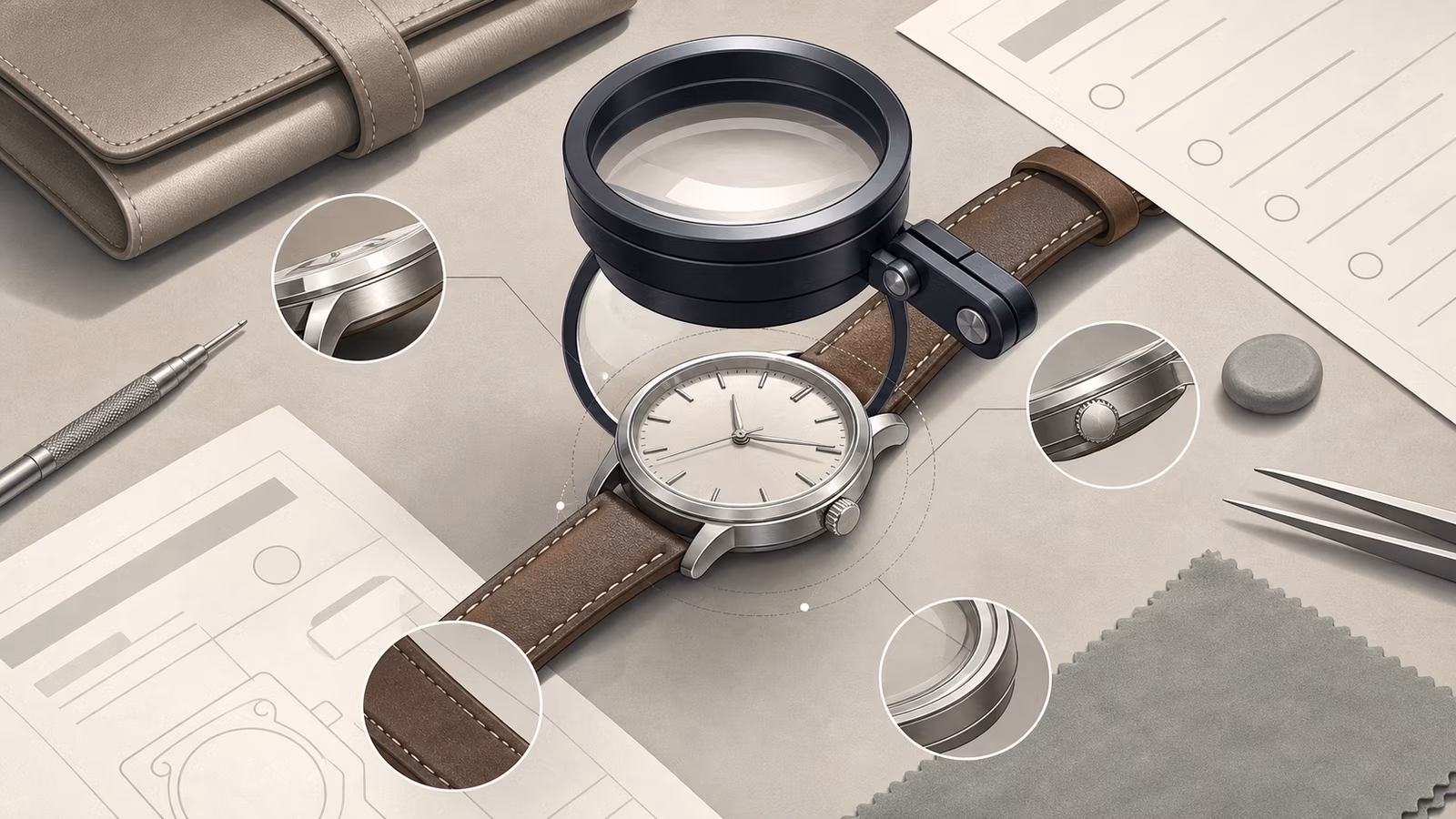 Wristwatch under a loupe with case, crystal, strap, and service-paper shapes on a neutral desk.