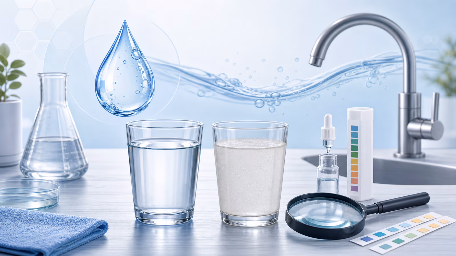 Glasses of clear and cloudy water beside a faucet, test strip, droplet, and magnifying glass.