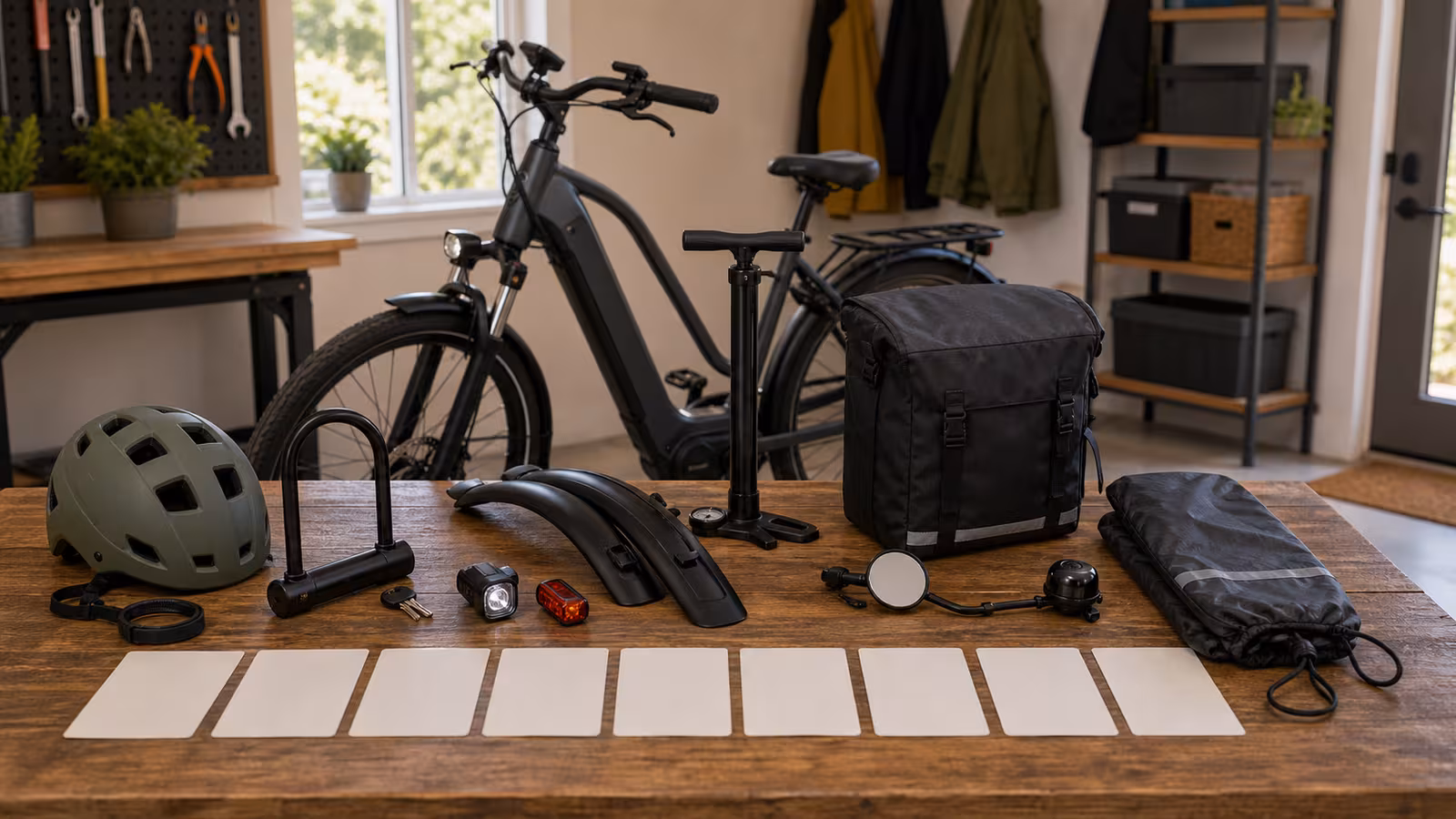 A commuter e-bike with helmet, U-lock, lights, fenders, pump, pannier, mirror, bell, rain cover, and blank priority cards on a workbench.
