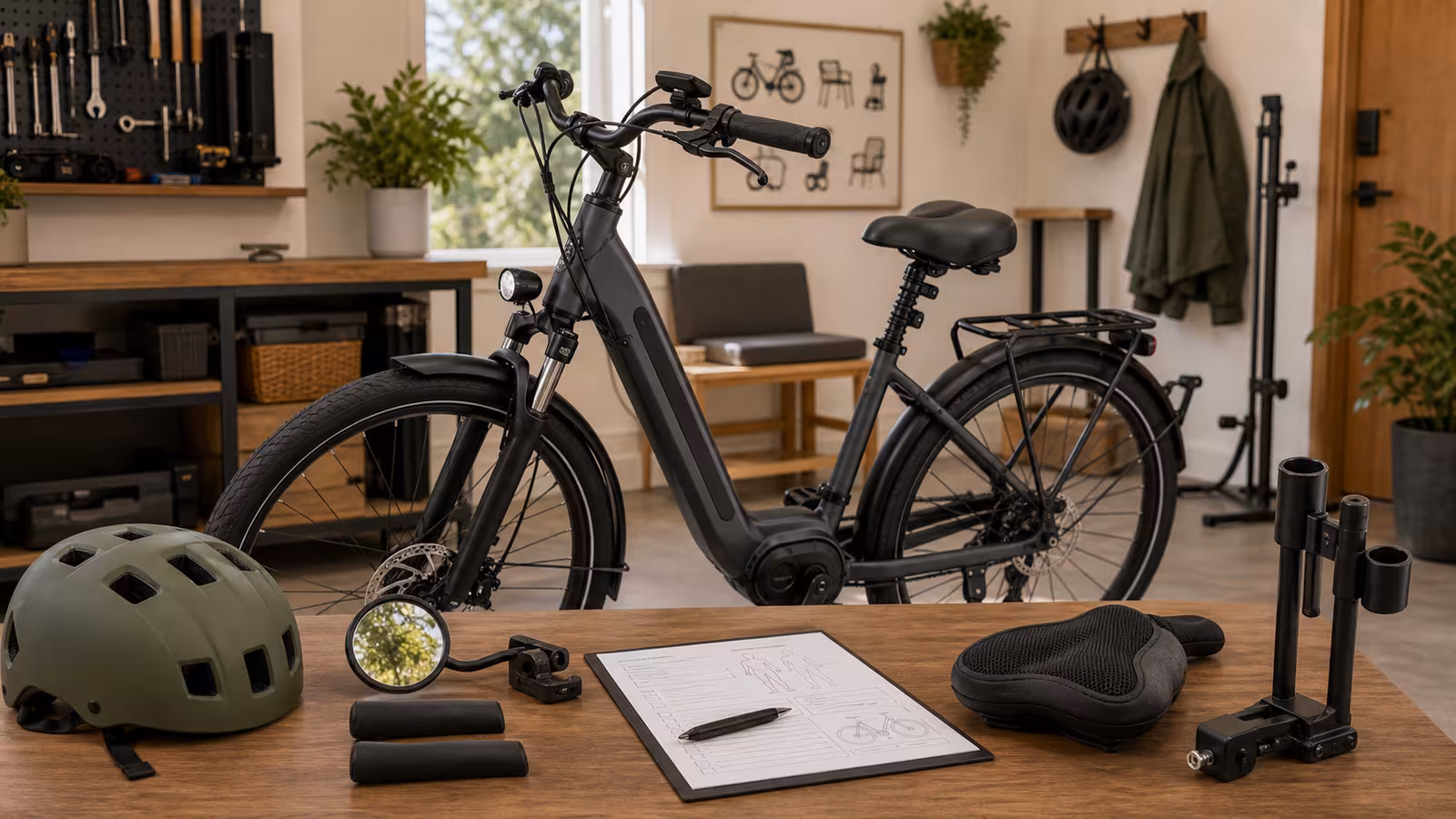 A step-through electric bike with adjustable stem, swept bars, comfort saddle, mirror, cane-holder mockup, helmet, and blank fit worksheet on a workshop table.
