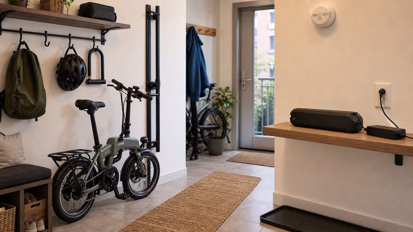 A compact apartment entry with a folding electric bike, wall hooks, helmet, charger on a clear counter, floor mat, and a blank building-rules note.