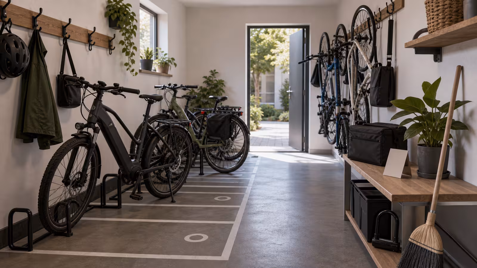 A shared apartment bike room with neatly parked bikes, an e-bike, wall hooks, U-lock, battery bag, broom, blank building note, and a clear walking path.