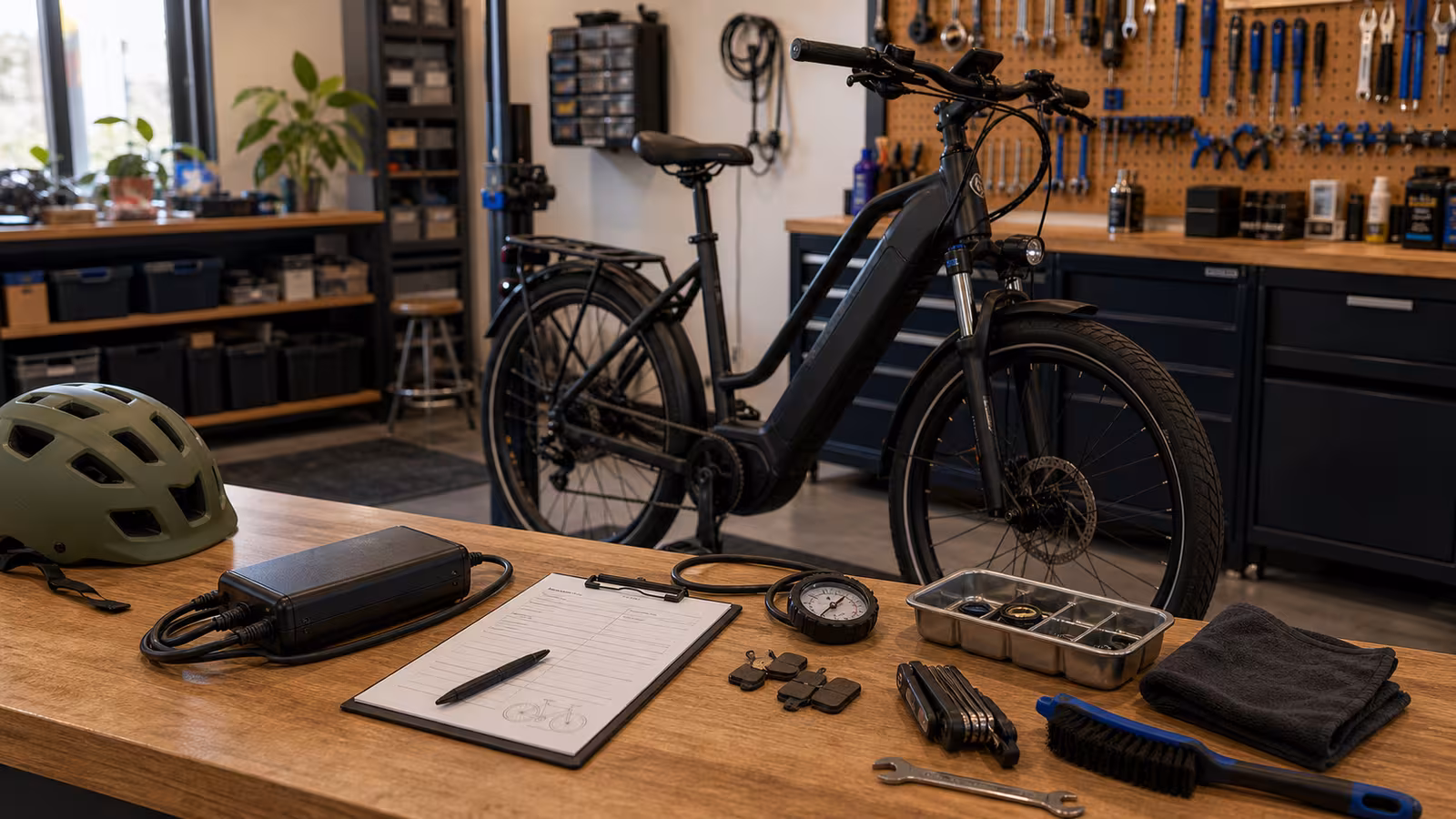 An e-bike at a repair counter with mechanic tools, blank service intake card, brake pads, tire gauge, charger, helmet, and clean parts tray.