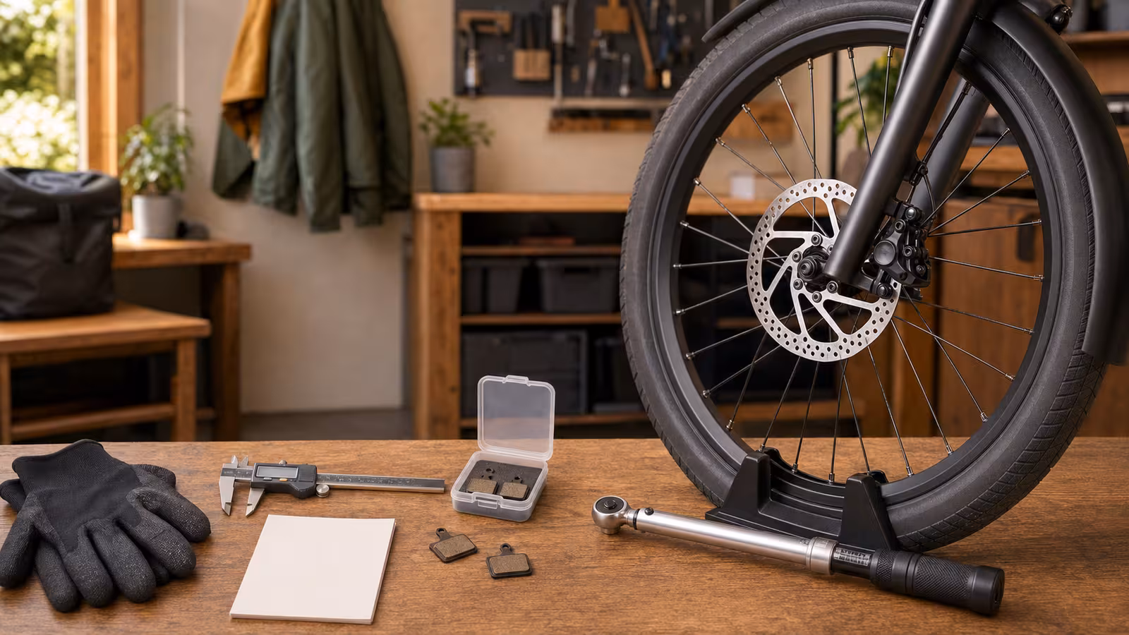 An electric bike front wheel with visible disc brake, spare brake pads, caliper tool, torque wrench, gloves, and a blank service note on a tidy bench.