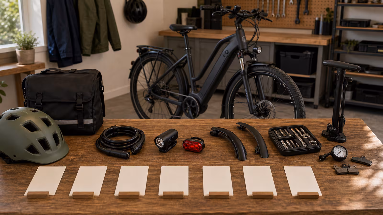 A commuter e-bike with modest tool kit, lock, lights, fenders, tire gauge, brake pads, pannier, and blank budget cards sorted on a wooden bench.