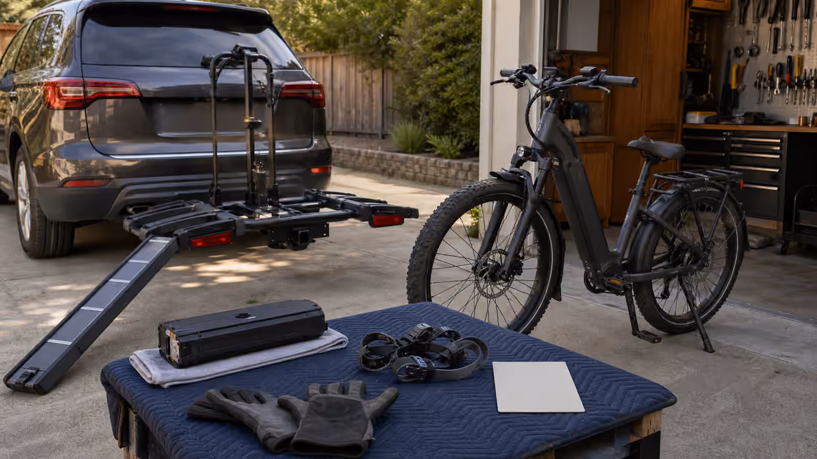 An electric bike beside a generic rear hitch rack with loading ramp, straps, wheel trays, gloves, removed battery, and a blank transport note.
