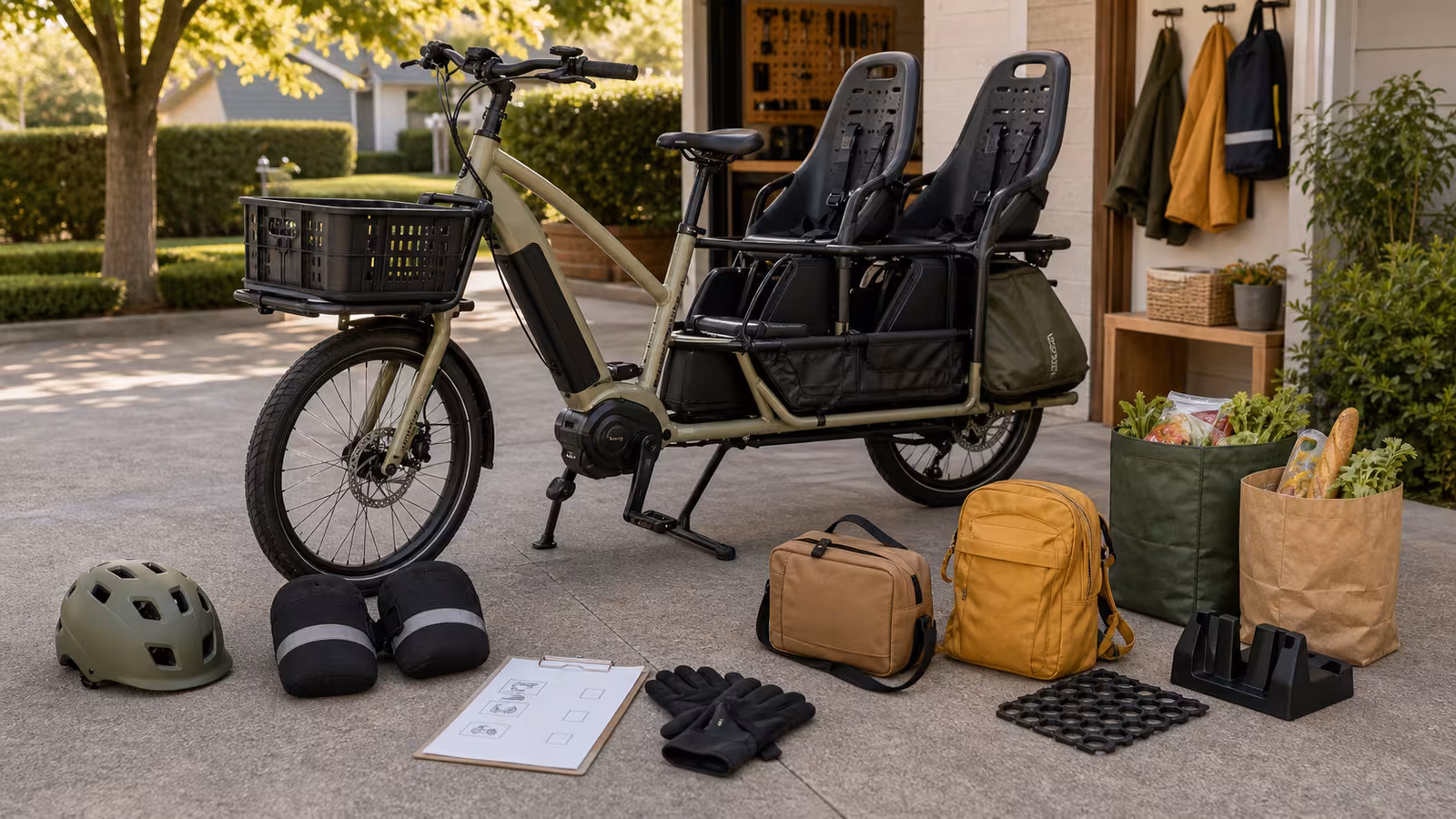 An electric cargo bike on a stable double kickstand with low grocery bags, child helmet, practice weights, wheel chock, gloves, and a blank loading sequence card.