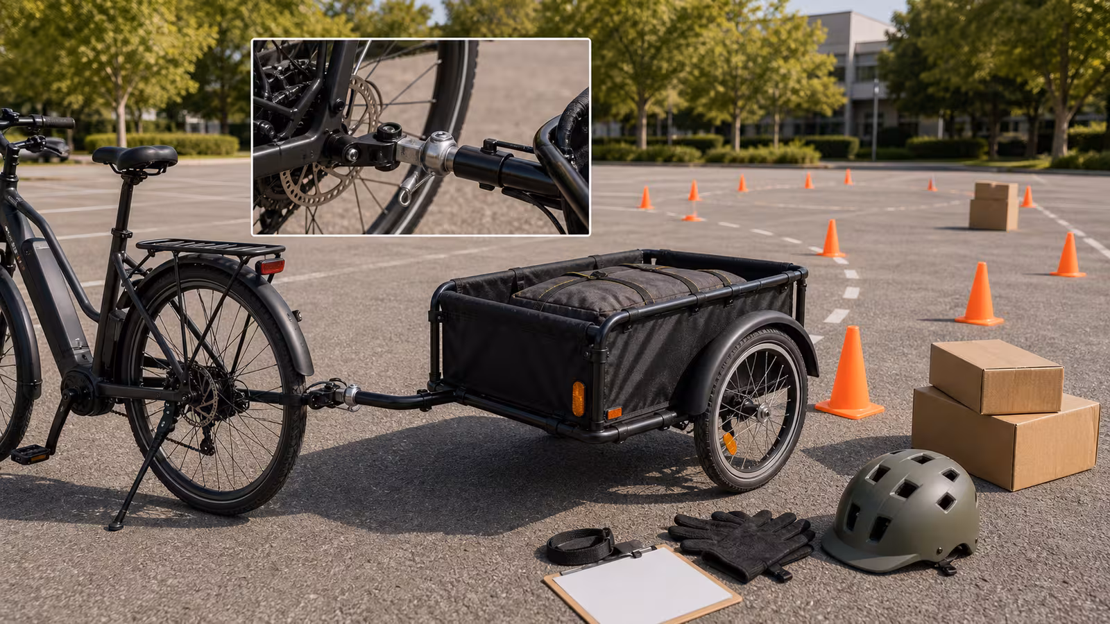 An e-bike connected to a small cargo trailer in an empty lot with hitch close-up, cones for turning path, practice boxes, helmet, gloves, and blank turning note.