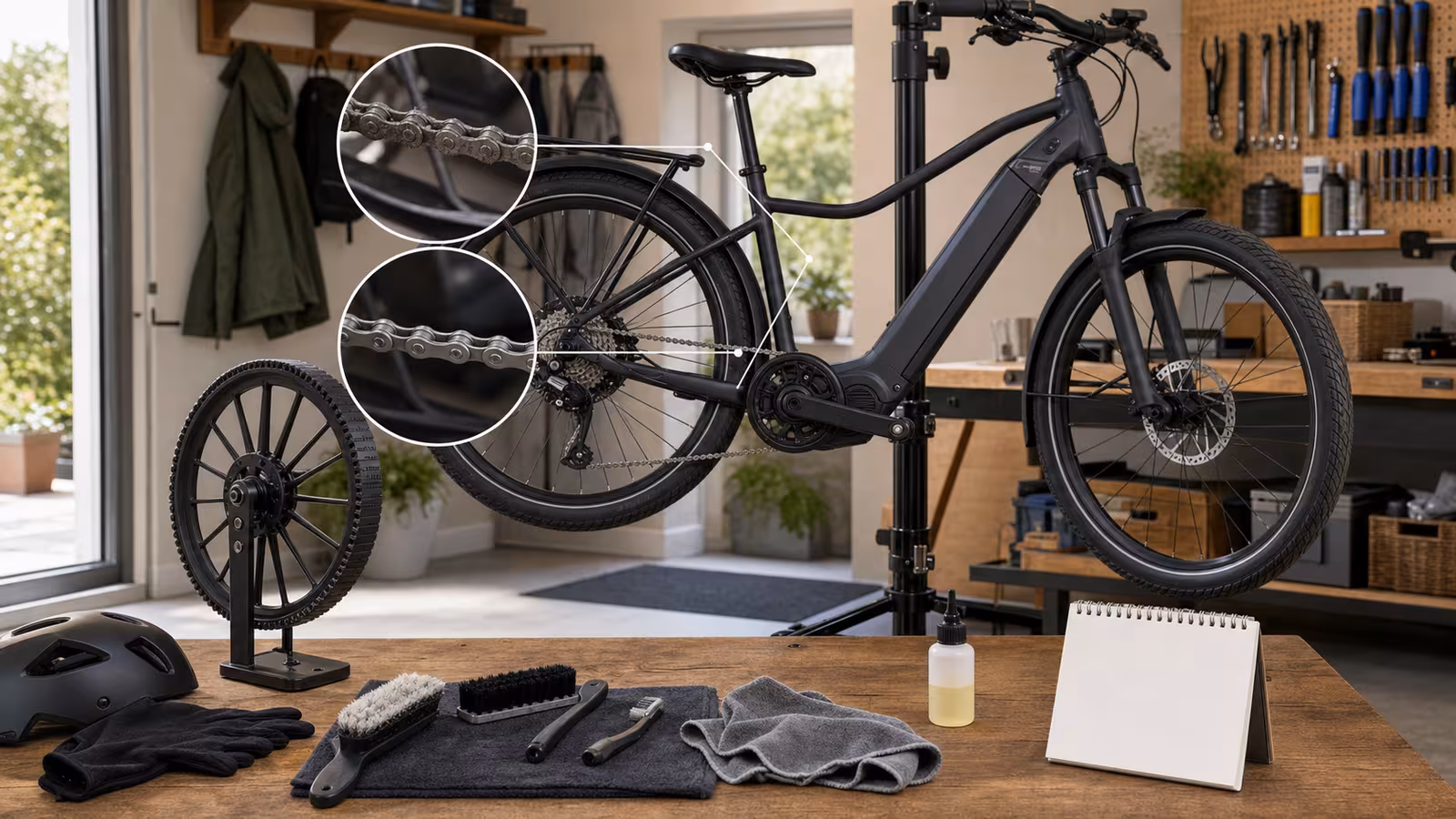An electric bike on a repair stand with clean chain section, belt-drive sample wheel, brushes, rag, small lube bottle, gloves, and blank drivetrain note.