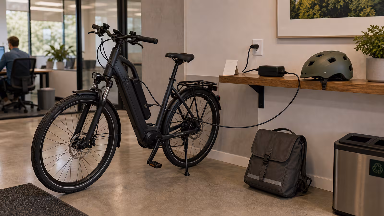 An electric bike near a generic outlet area with charger on a clear hard shelf, cable kept off the walkway, helmet, blank permission card, and battery on the bike.