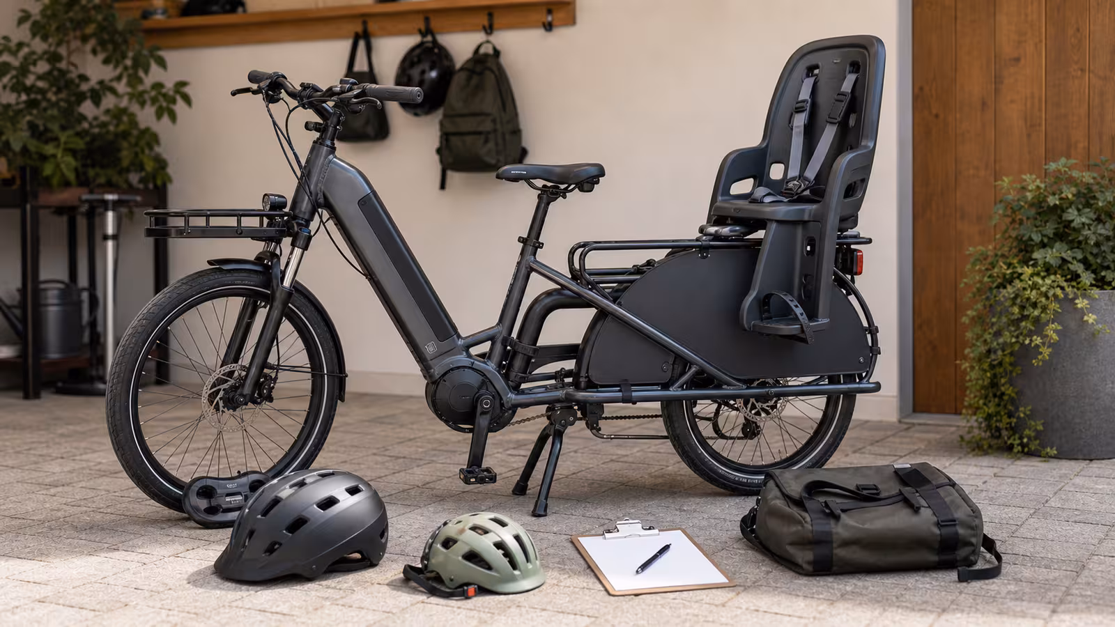 A longtail electric bike with a mounted child seat, two helmets, passenger bars, foot protection, a small bag, and a blank readiness note.