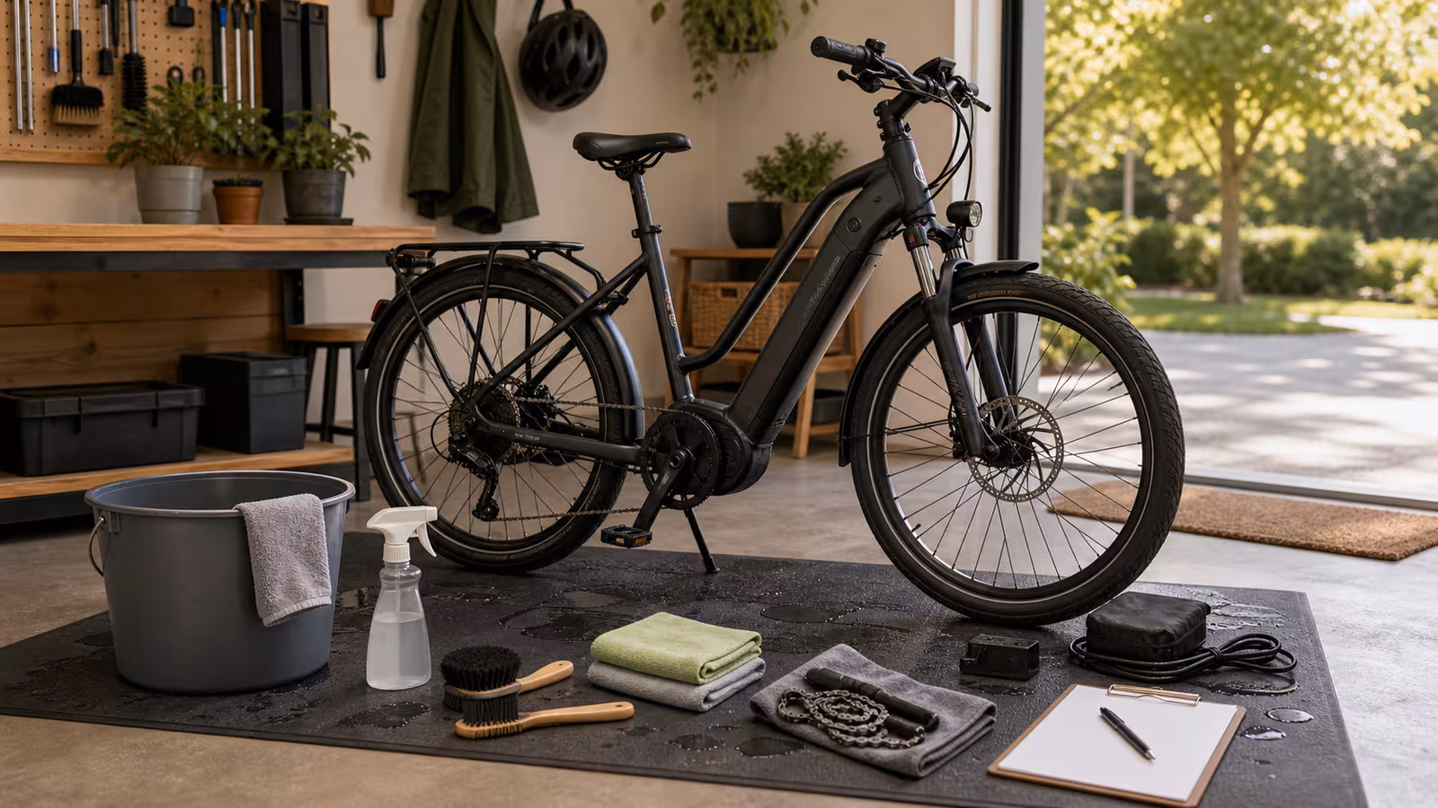 An electric bike on a mat with bucket, soft brushes, microfiber cloths, gentle spray bottle, drivetrain rag, covered charger, and blank cleaning note.