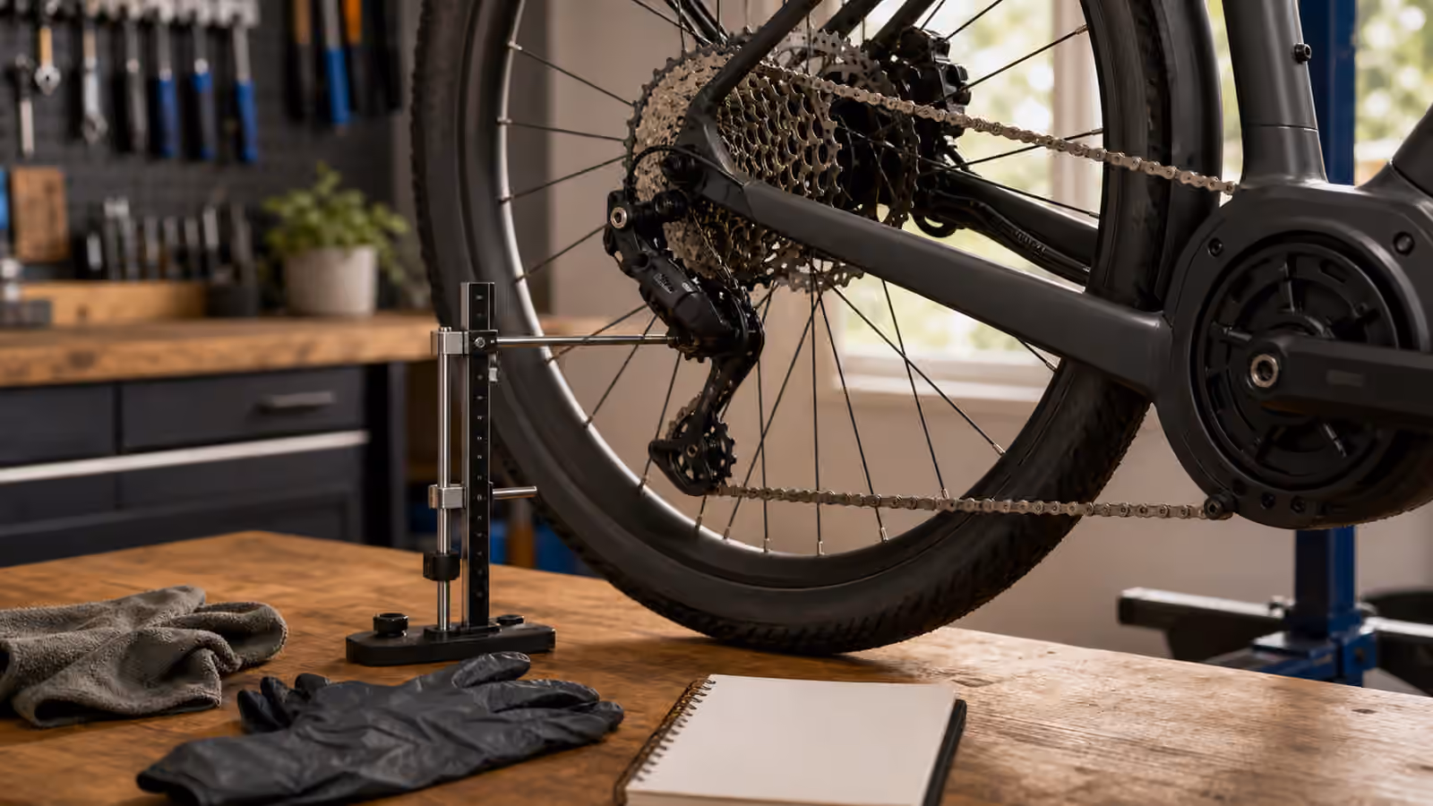 An electric bike drivetrain on a work stand with rear derailleur, chain, cassette, gloves, rag, and a blank symptom notebook.