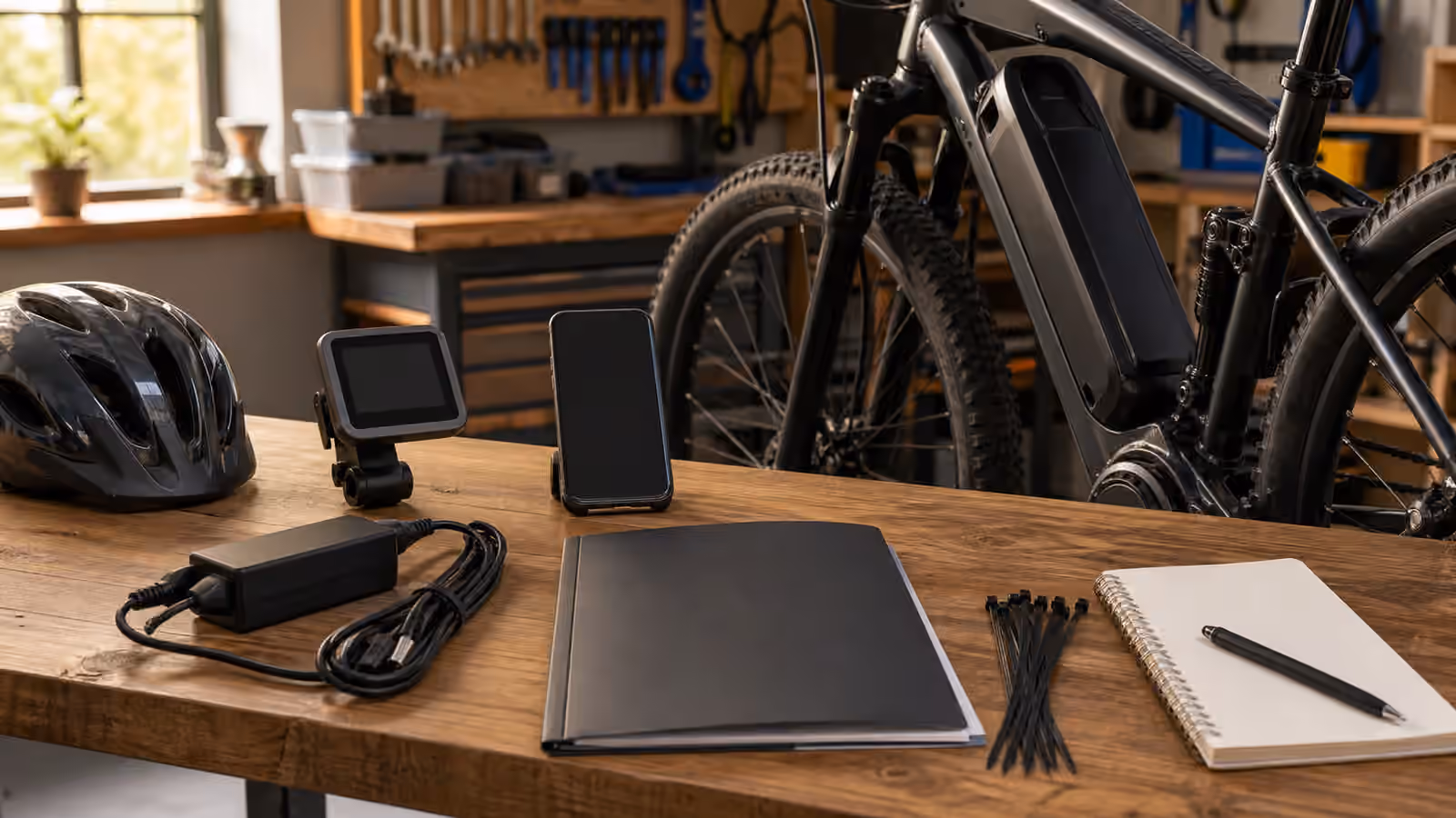 An e-bike workbench with a blank display, phone with blank screen, charger, seated battery, manual folder, cable ties, helmet, and blank notebook.